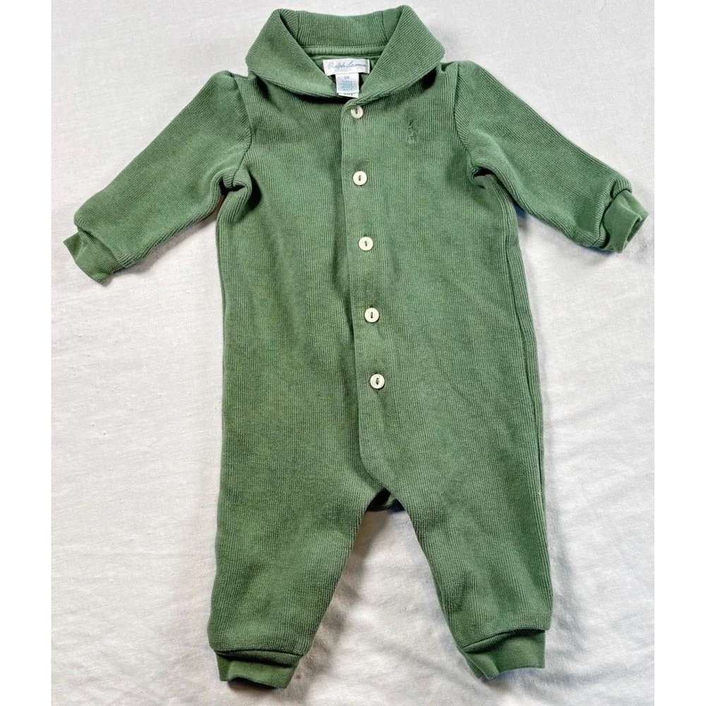 Ralph Lauren Ribbed Knit Coverall‎ Baby 6M Green Excellent Shawl Collar Romper